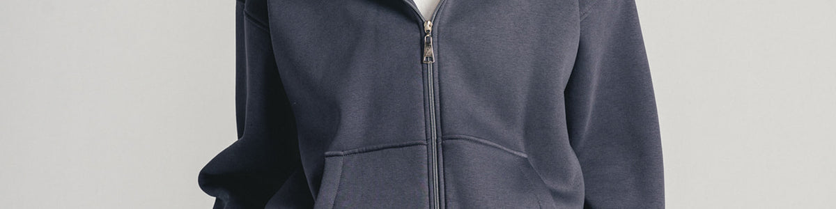 Charcoal Grey Core Fleece Zip up on female model