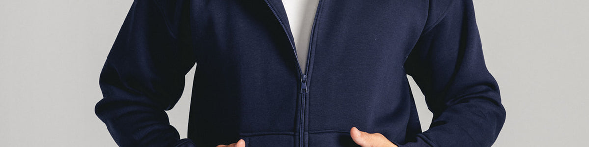 Navy Core Fleece Zip up on male model
