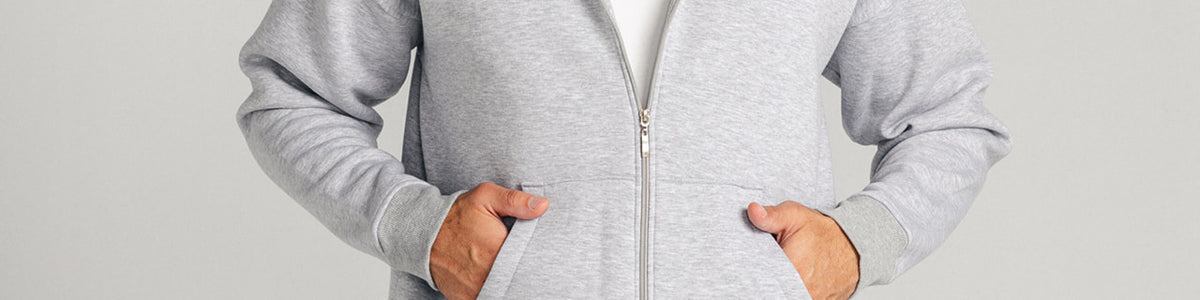 Heather Grey Core Fleece Zip up on male model