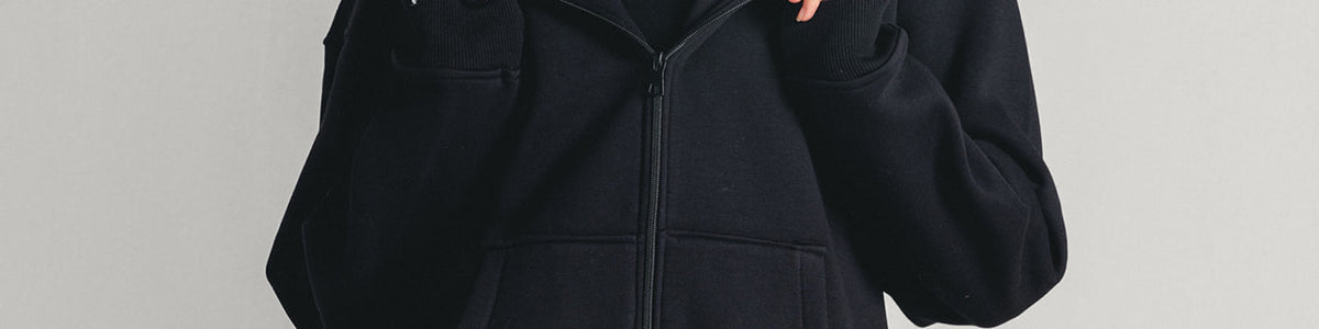 Black Core Fleece Zip up on female model