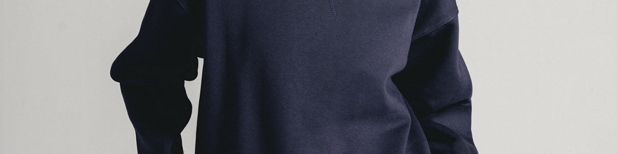 Navy Core Fleece Crewneck on female model