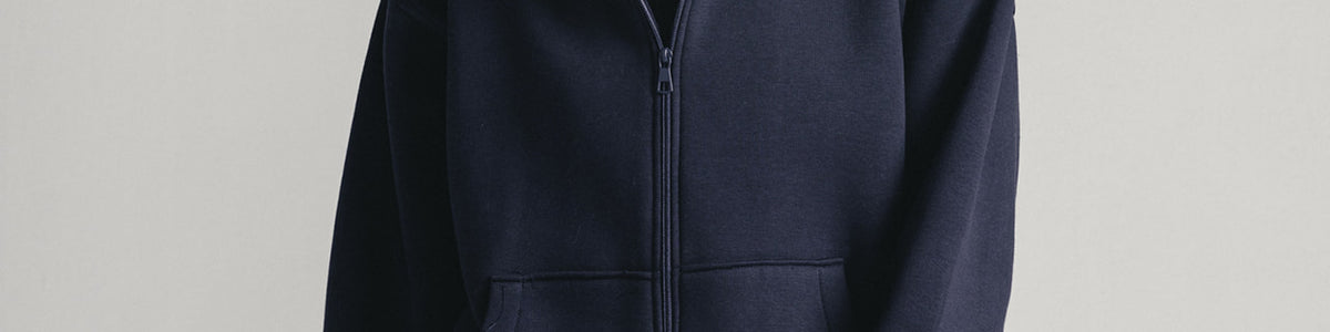 Navy Core Fleece Zip up on female model