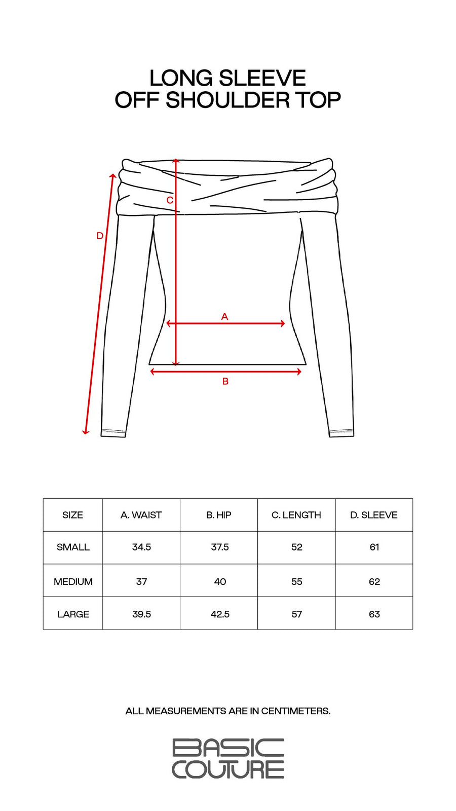 Size Chart for Long Sleeve Off Shoulder Top