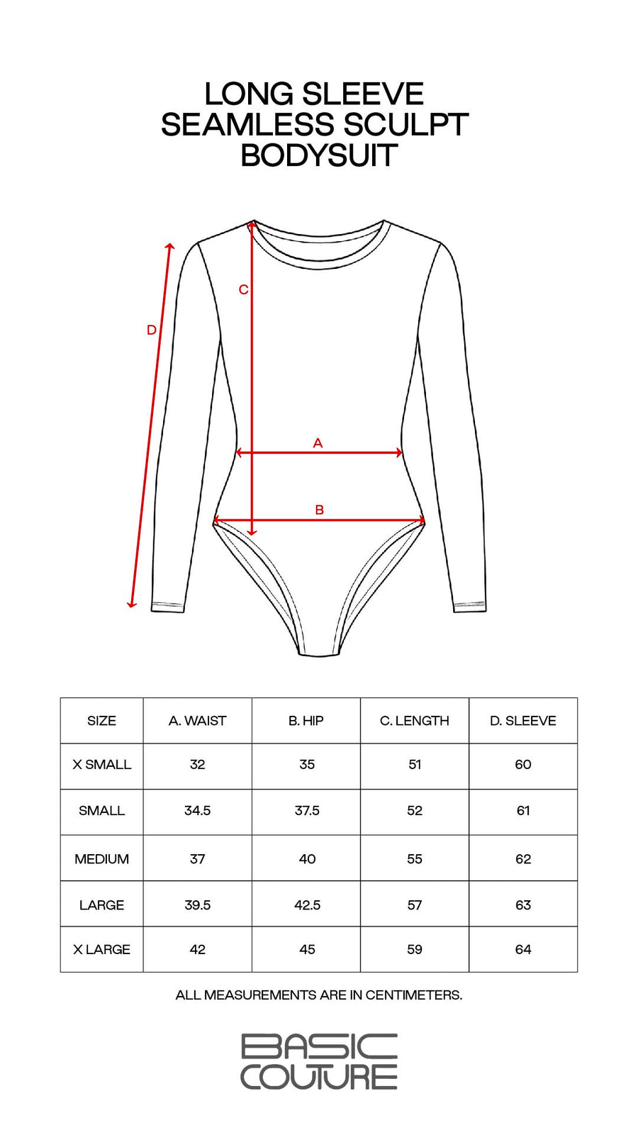 Size Chart for Long Sleeve Seamless Sculpt Bodysuit
