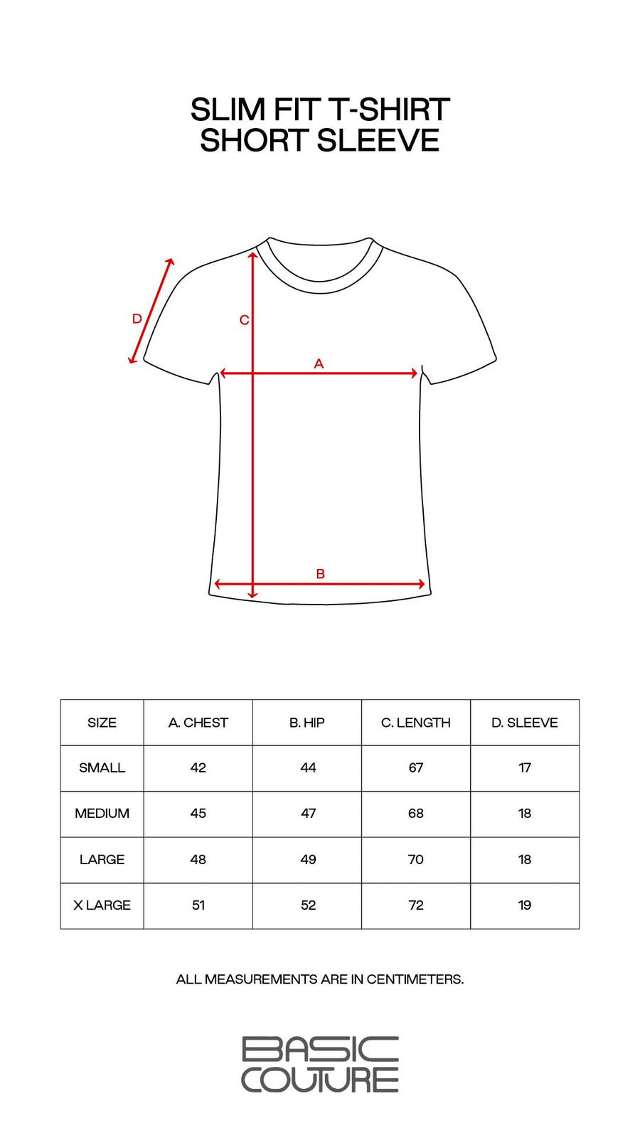 Size Chart for Slim Fit T-Shirt