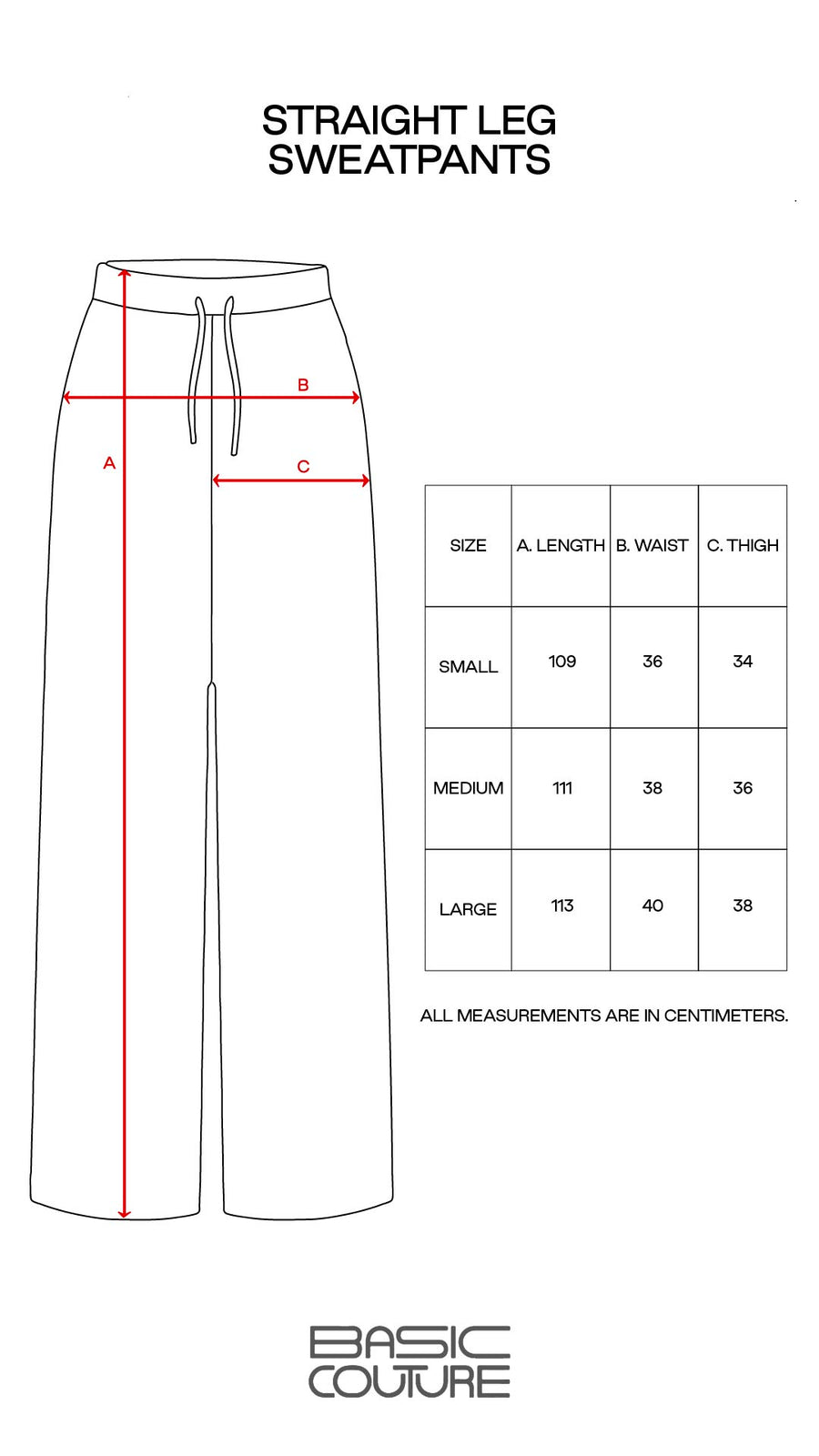 Size Chart for Straight Leg Sweatpants