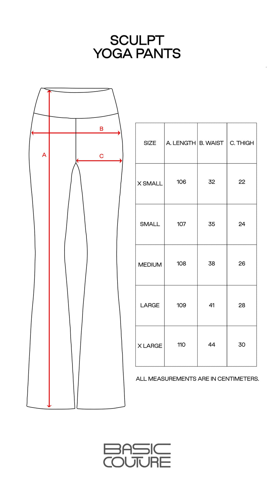 Size Chart for Sculpt Yoga Pants
