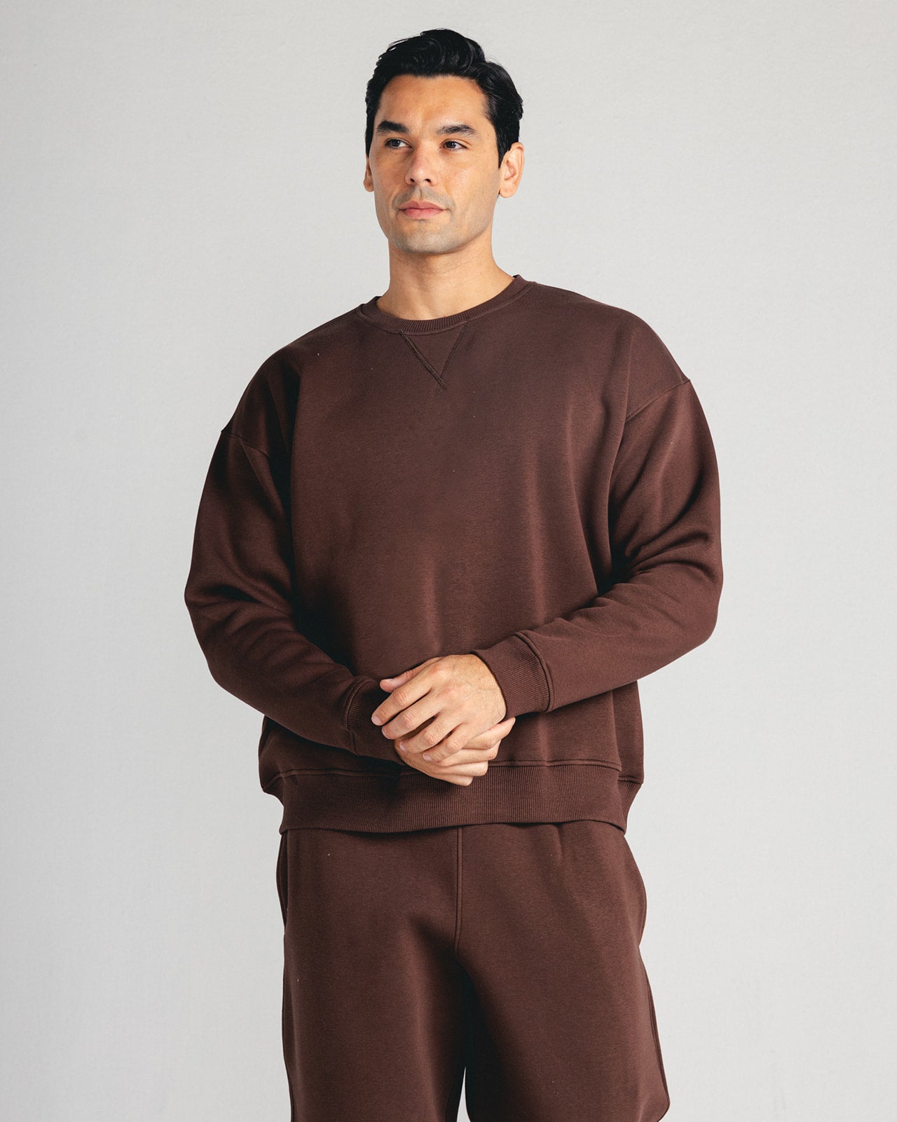 Brown Core Fleece Crewneck on male model