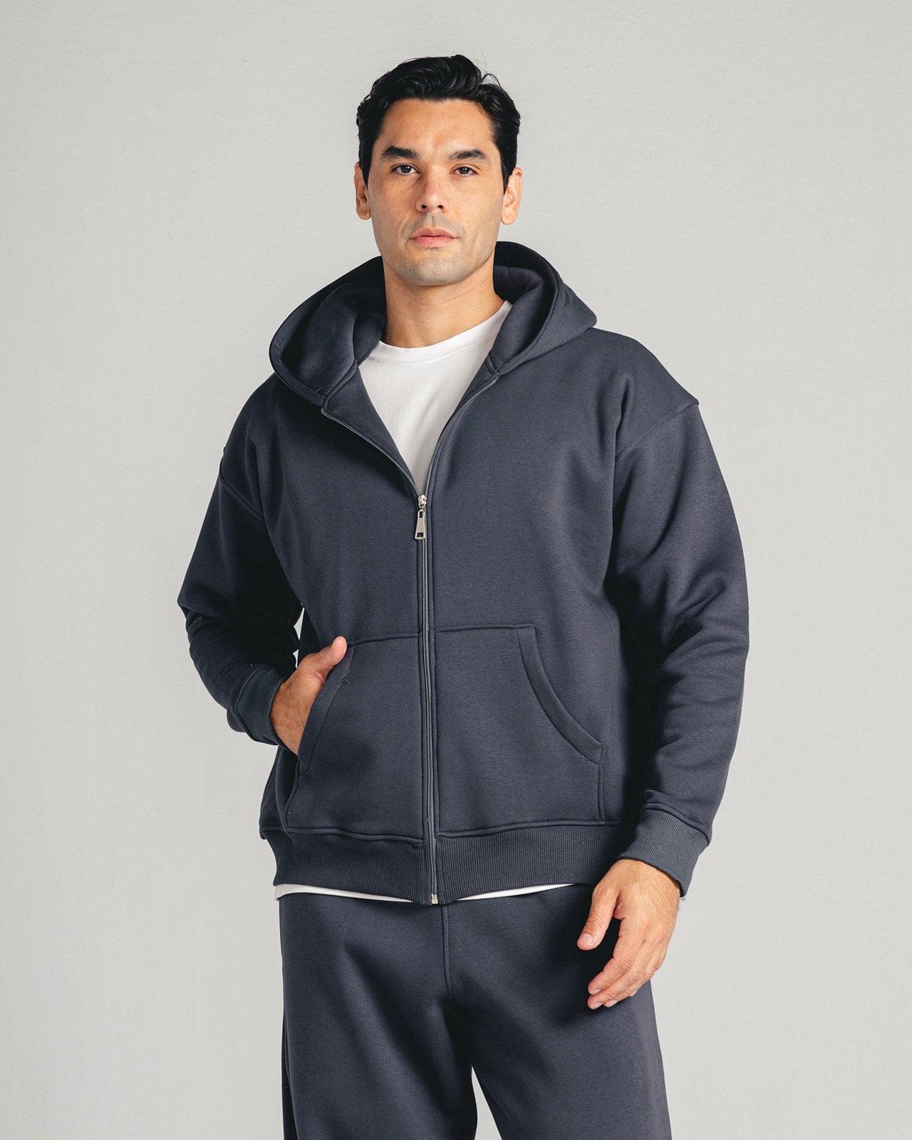 Charcoal Grey Core Fleece Zip up on male model