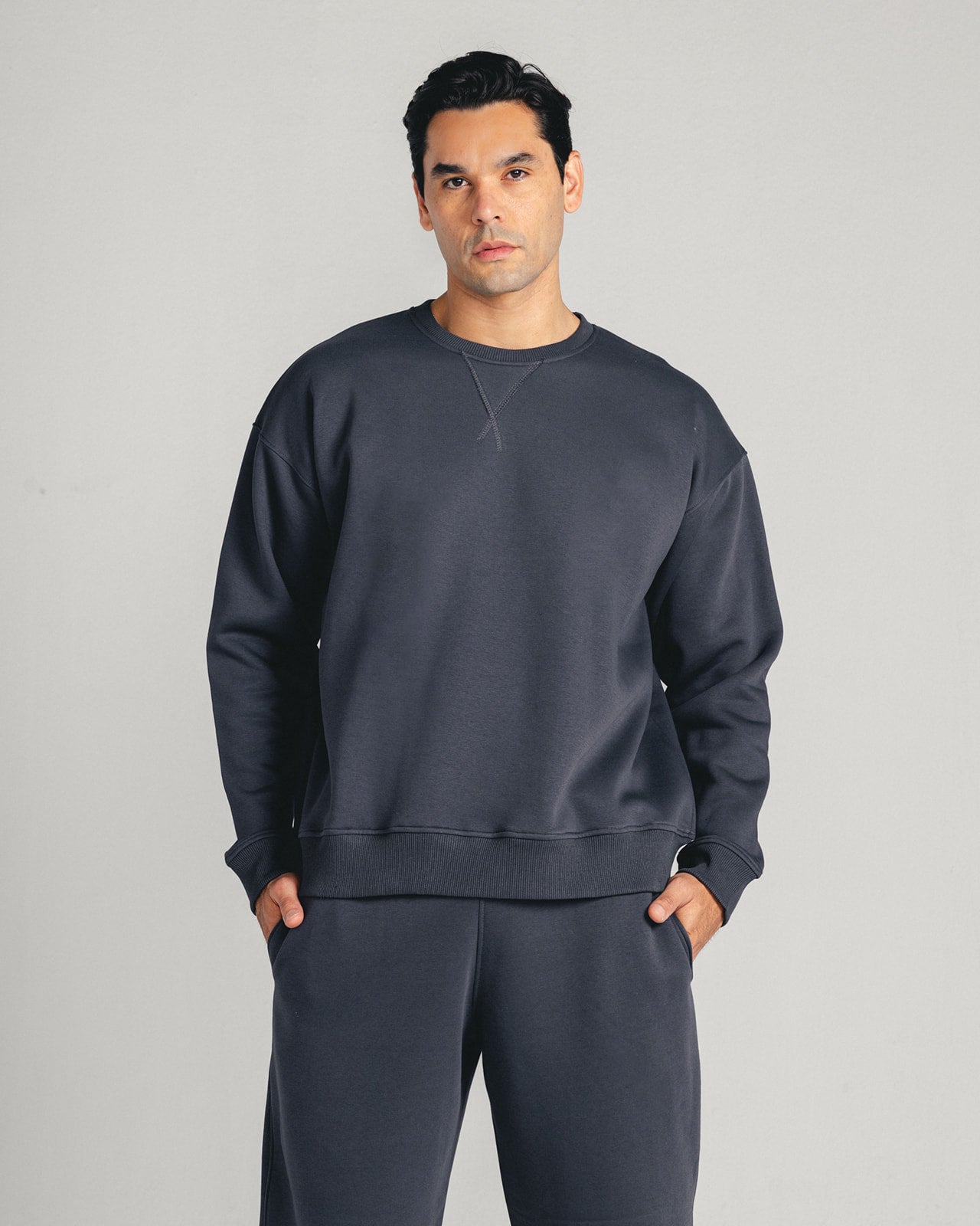 Charcoal Grey Core Fleece Crewneck on male model