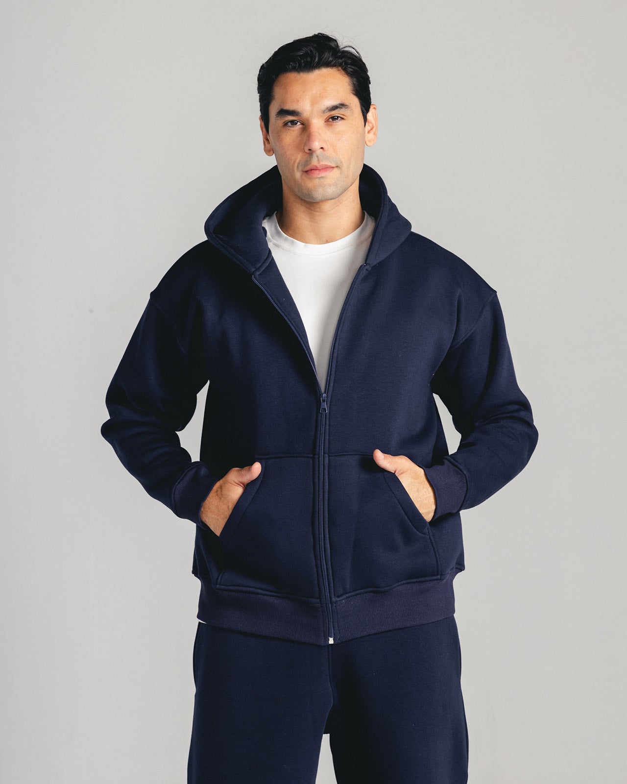 Navy Core Fleece Zip up on male model