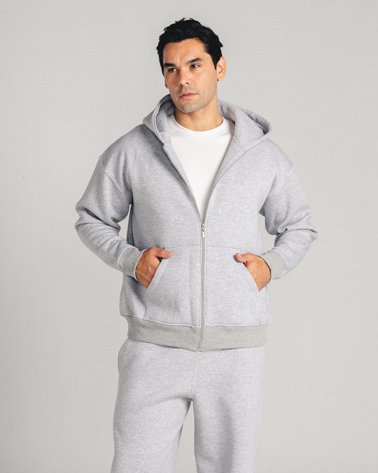 Heather Grey Core Fleece Zip up on male model