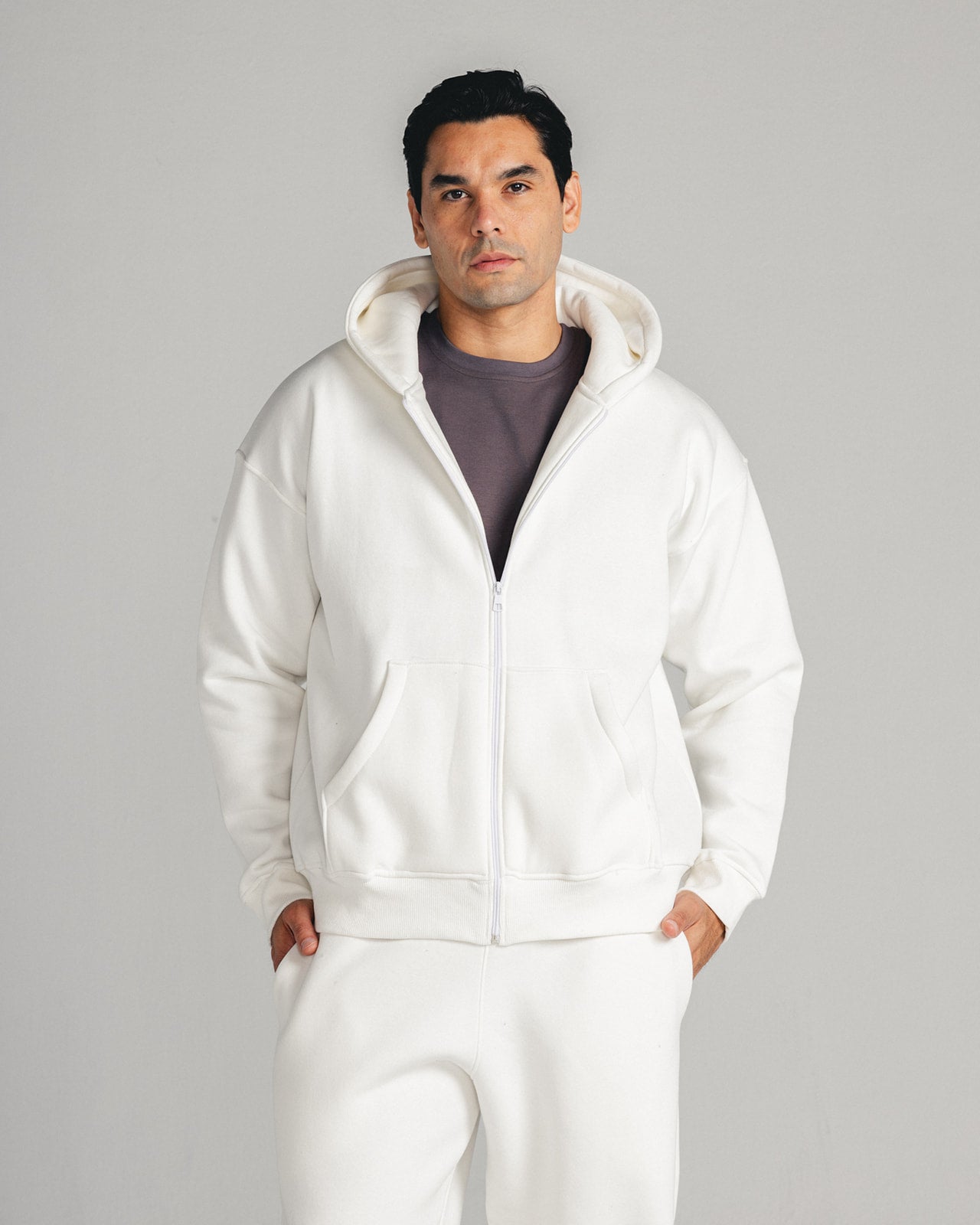 White Core Fleece Zip up on male model