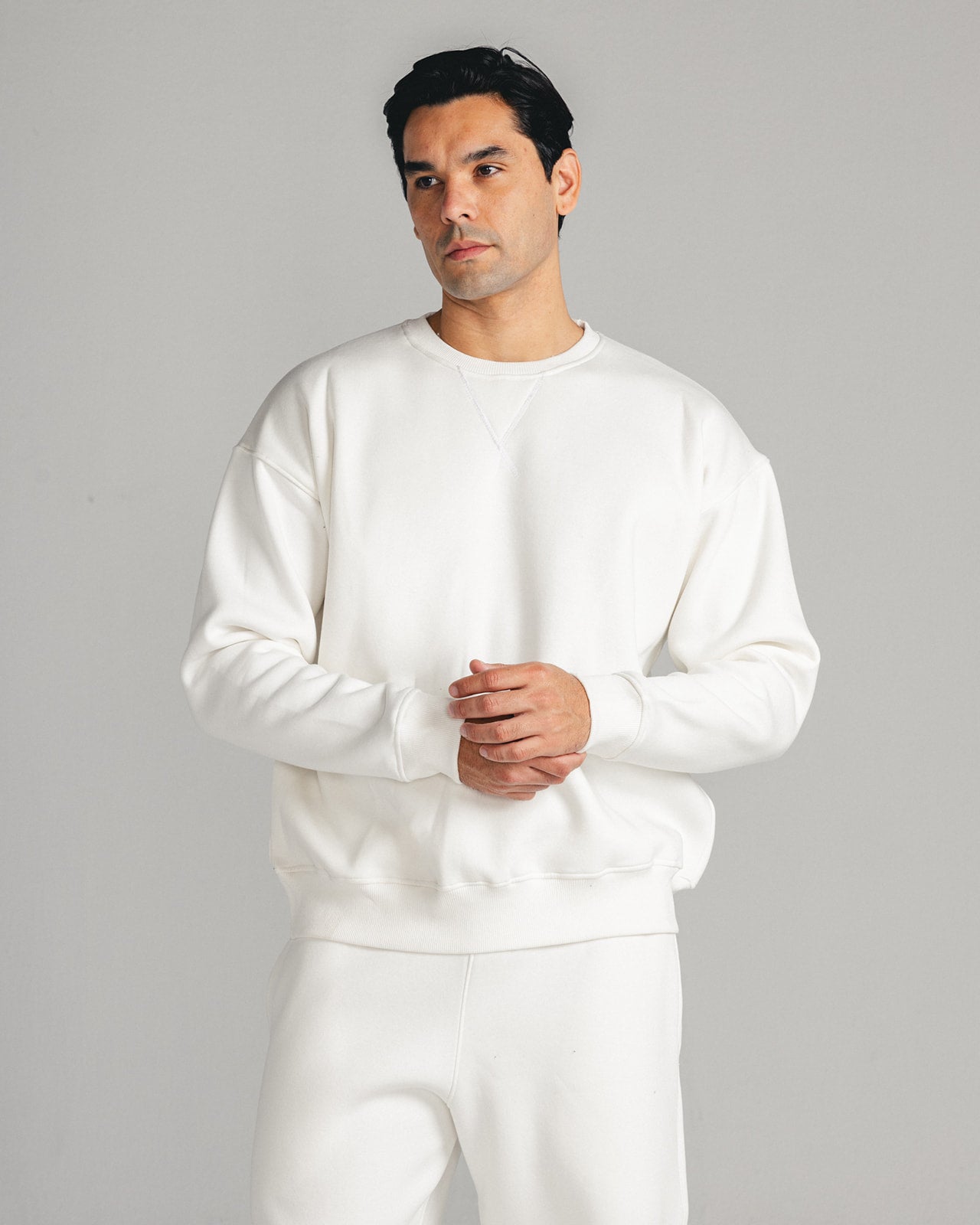 White Core Fleece Crewneck on male model