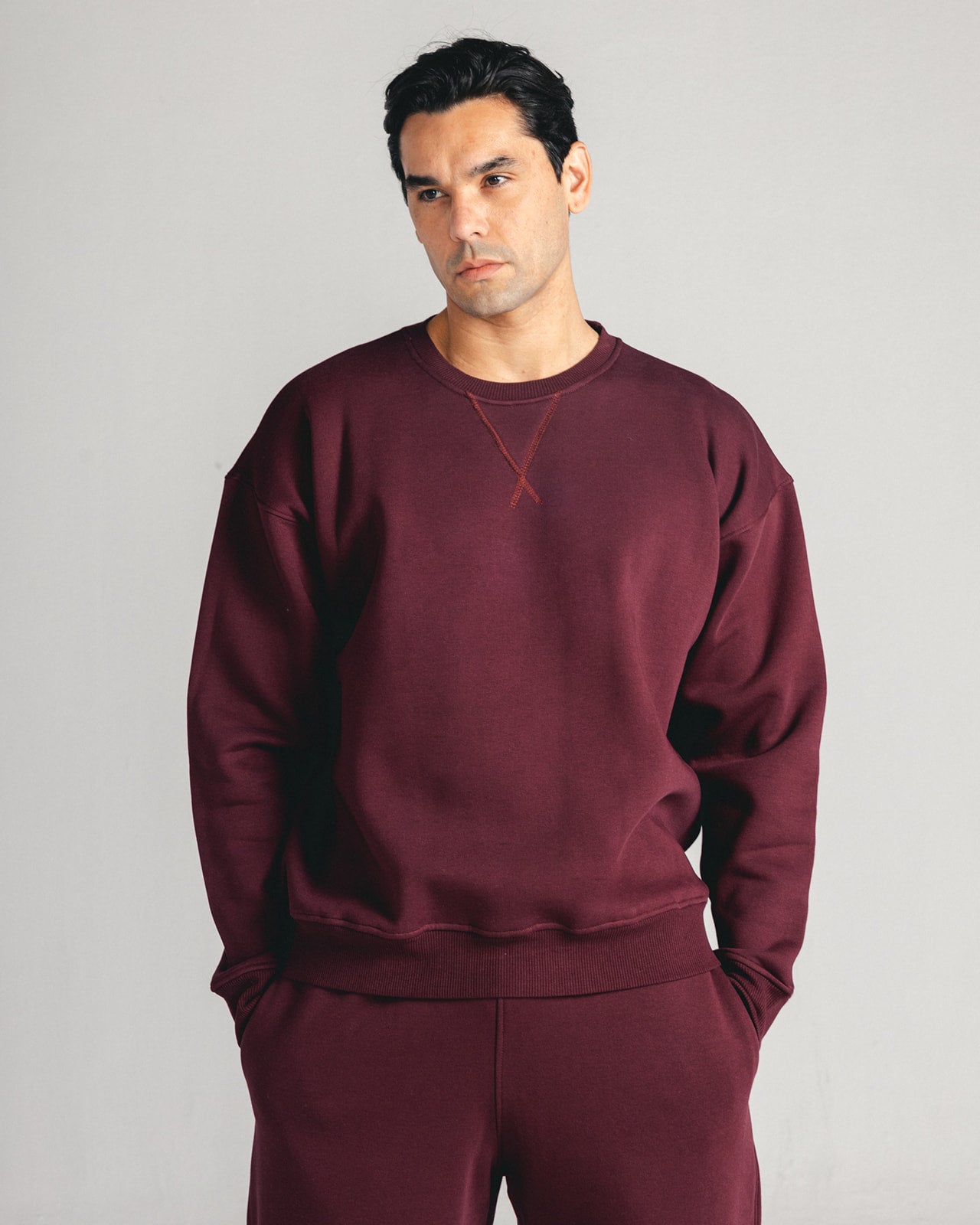 Burgundy Core Fleece Crewneck on male model