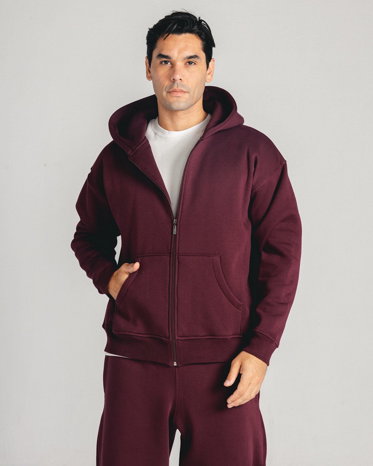 Burgundy Core Fleece Zip up on male model