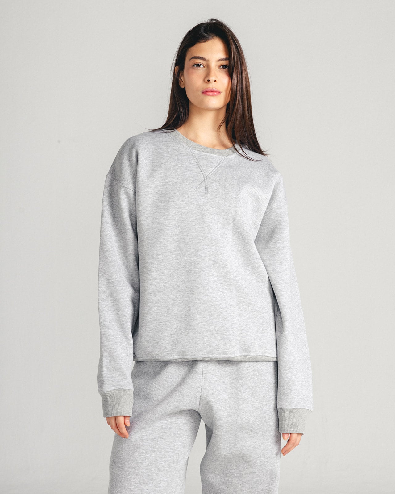 Heather Grey Core Fleece Crewneck on female model