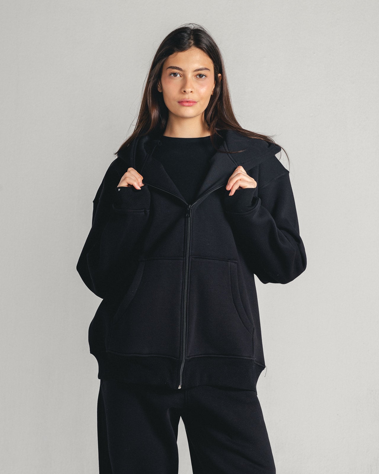 Black Core Fleece Zip up on female model