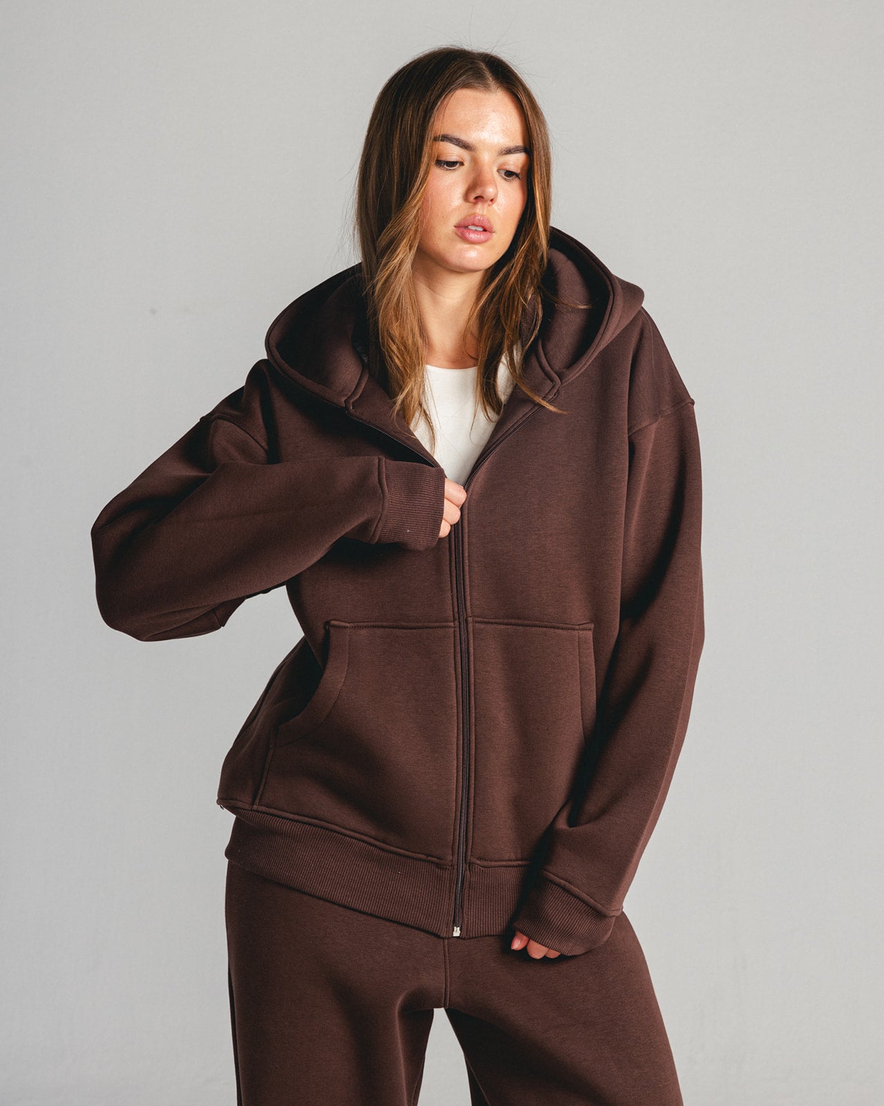 Brown Core Fleece Zip up on female model