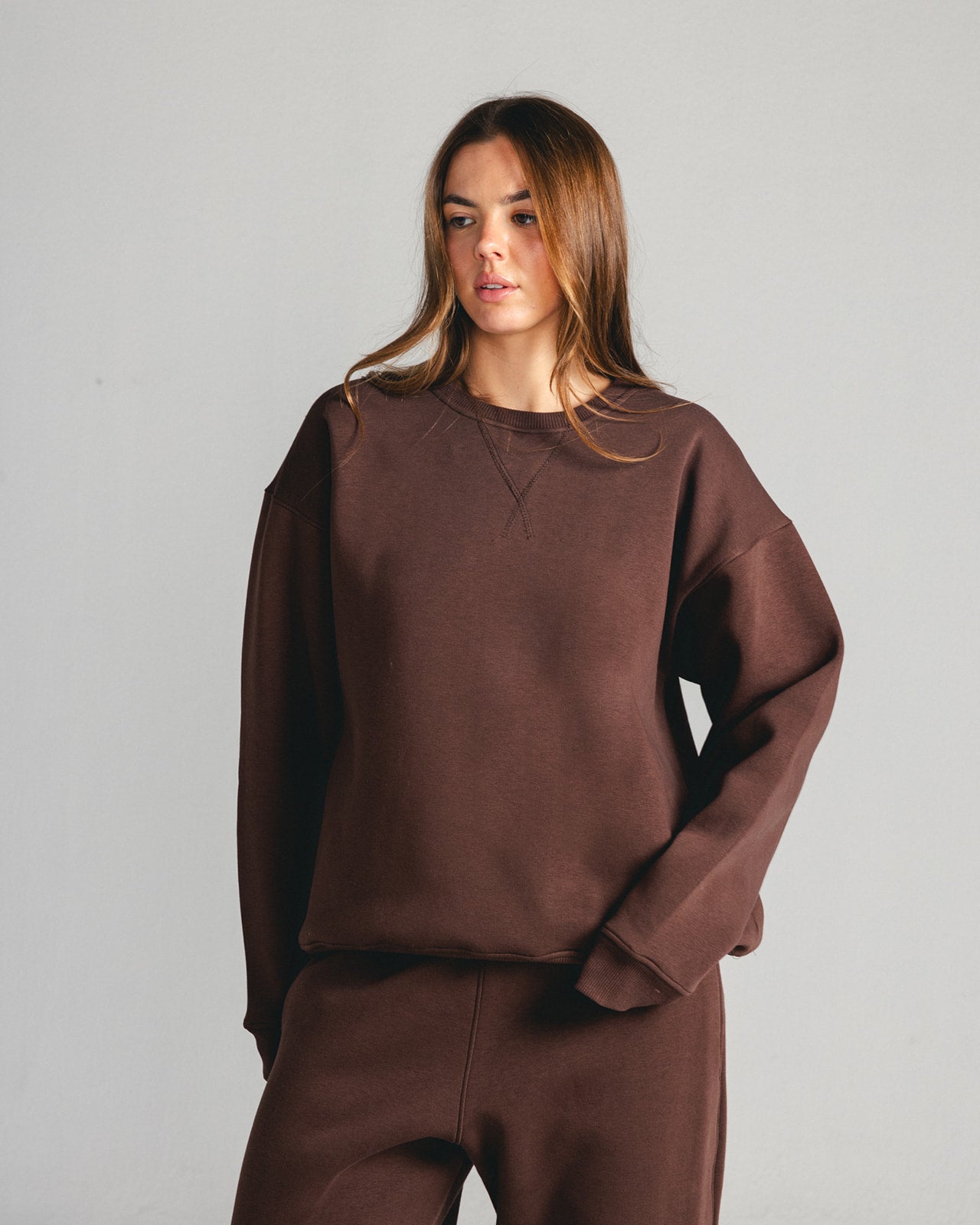 Brown Core Fleece Crewneck on female model