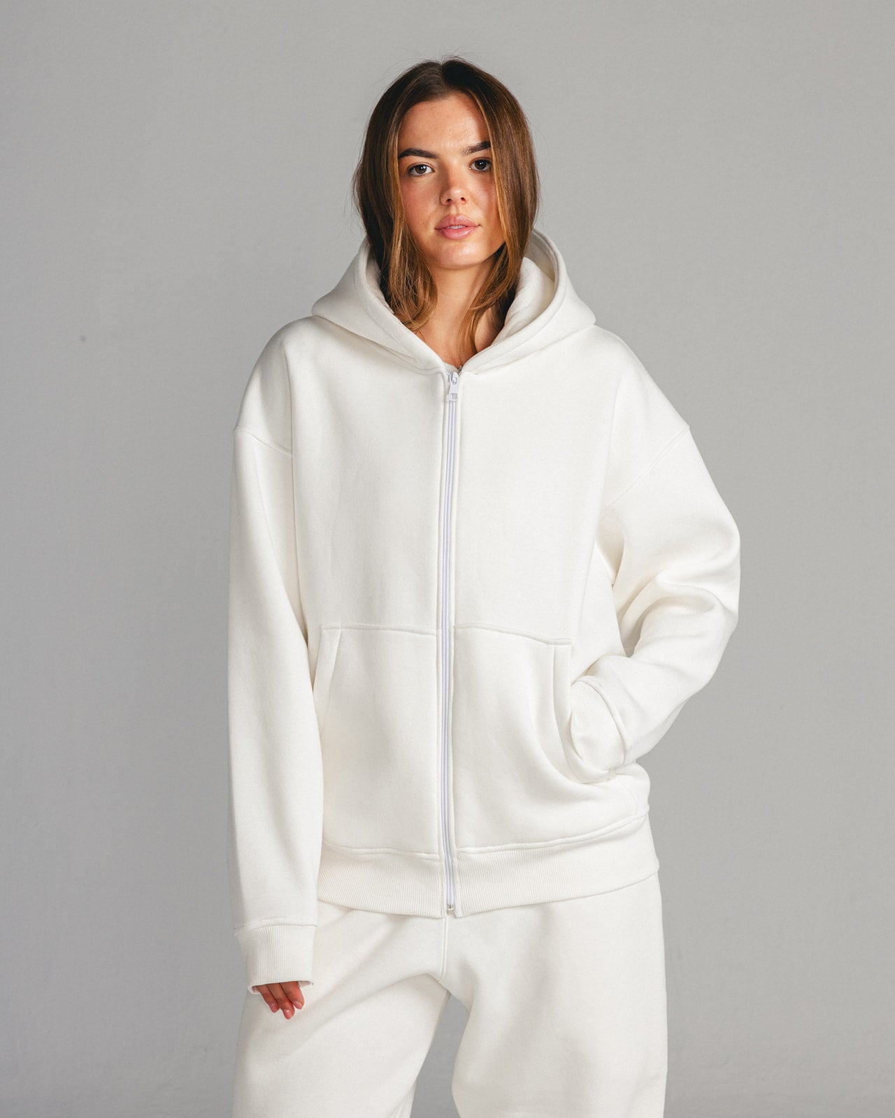 White Core Fleece Zip up on female model