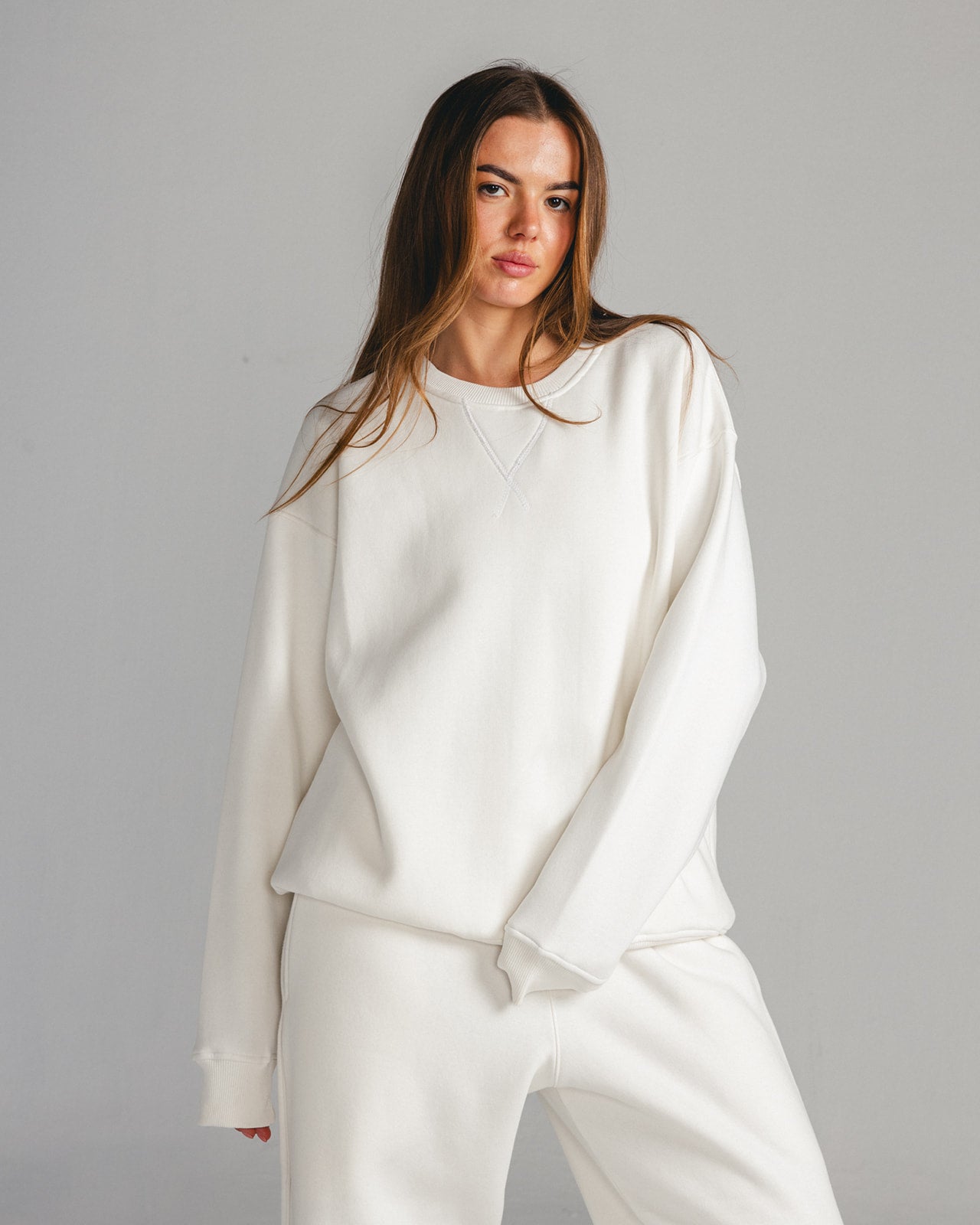 White Core Fleece Crewneck on female model