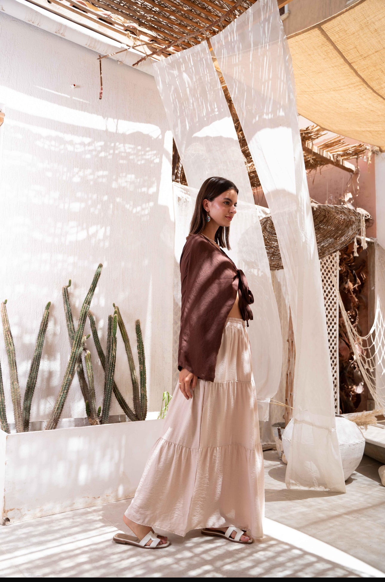 Long Ruffled Skirt in Beige