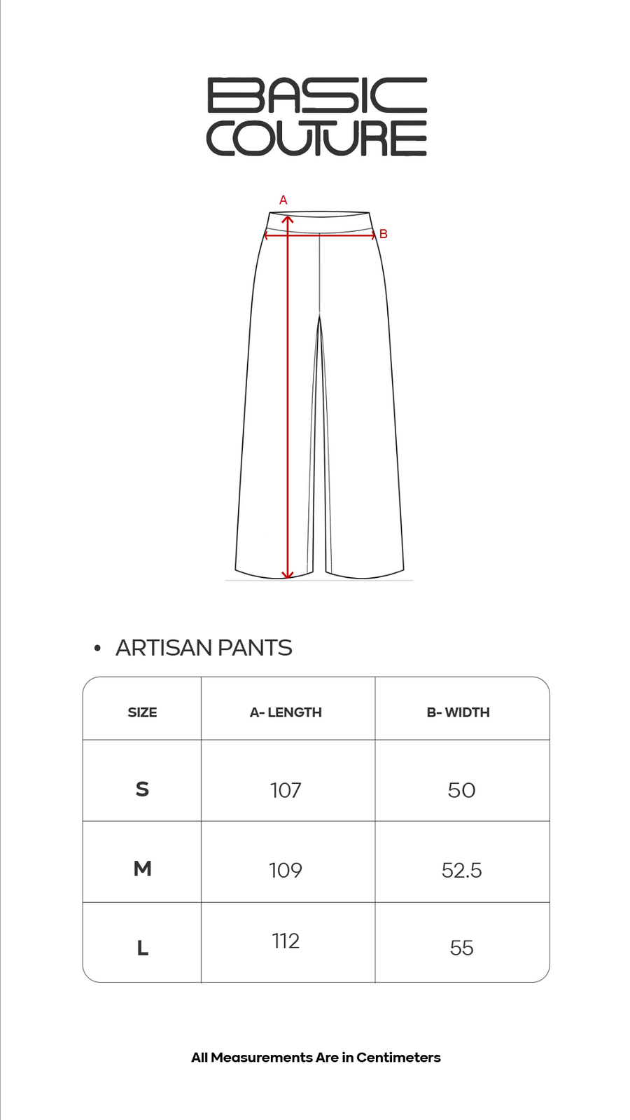Size Chart for Artisan Pants