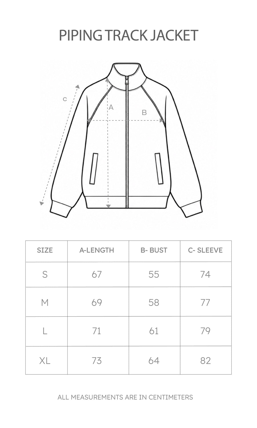 Size chart for Piping Track Jacket
