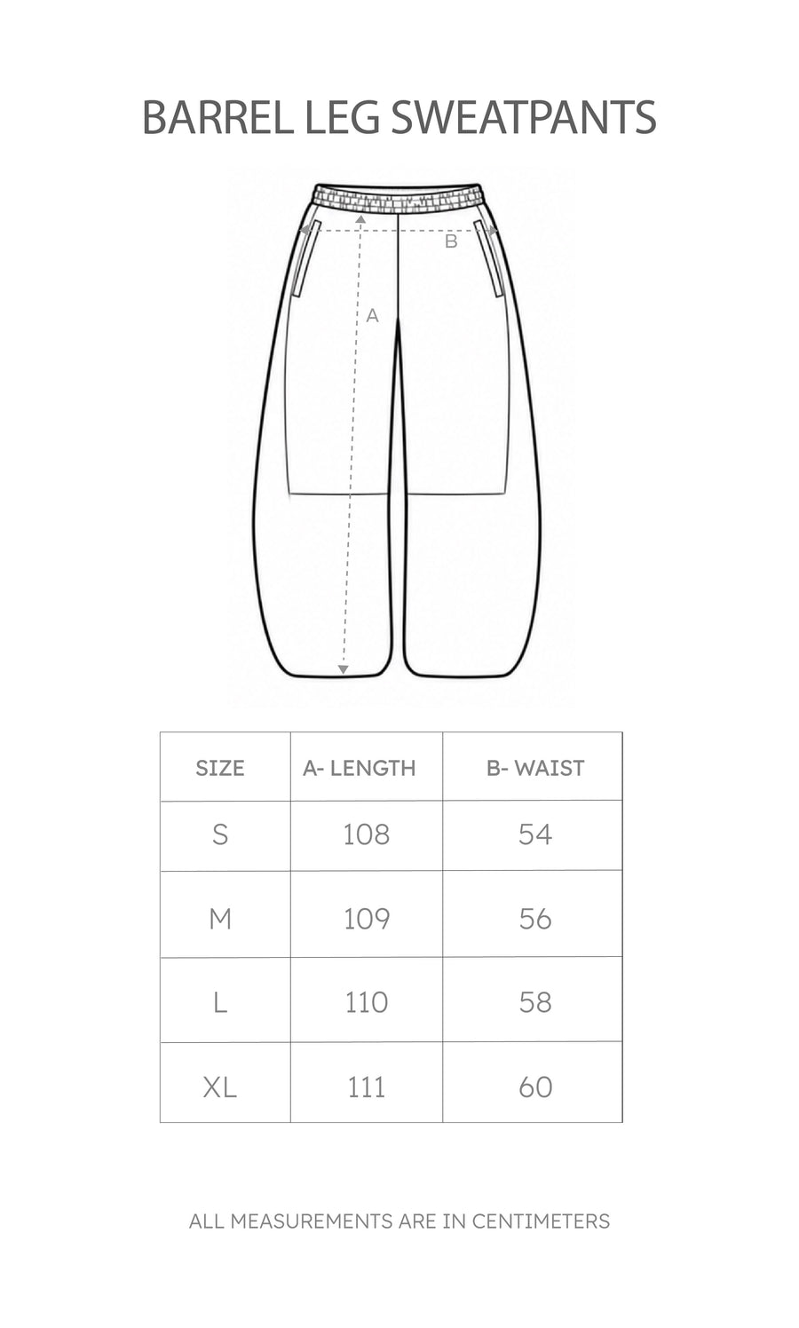 Size chart for Barrel Leg Sweatpants