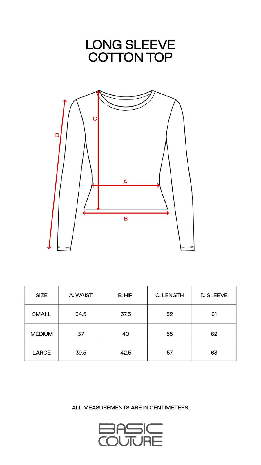Size Chart for Long Sleeve Cotton Top