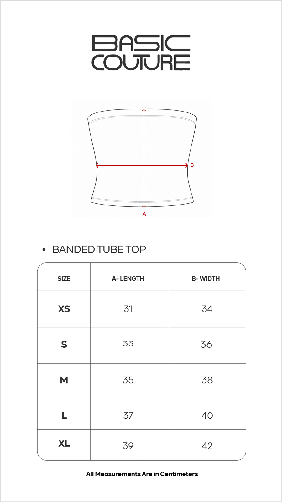 Size Chart for Banded Tube Top