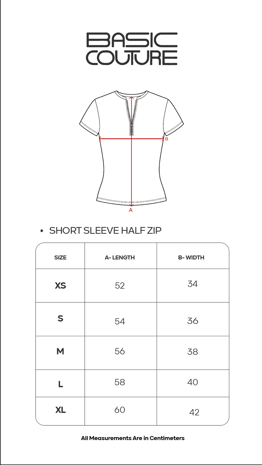 Size Chart for Short Sleeve Half Zip