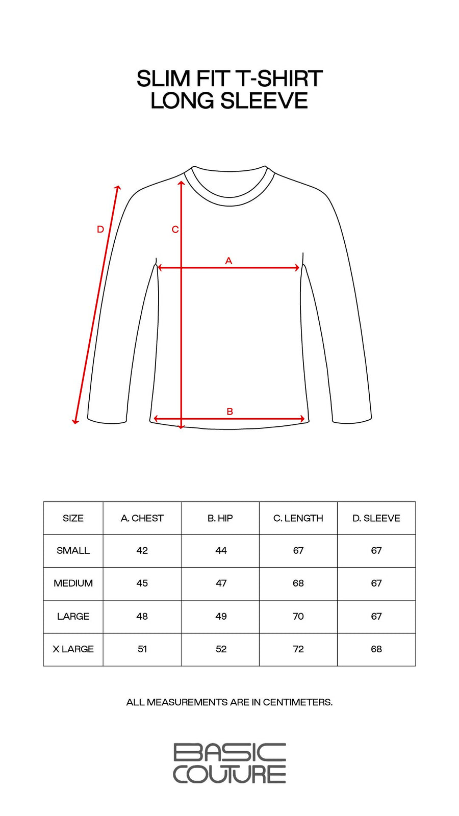 Size Chart for Slim Fit Long Sleeve Tops