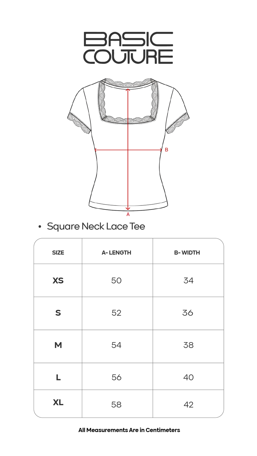 Size Chart for Square Neck Lace Tee