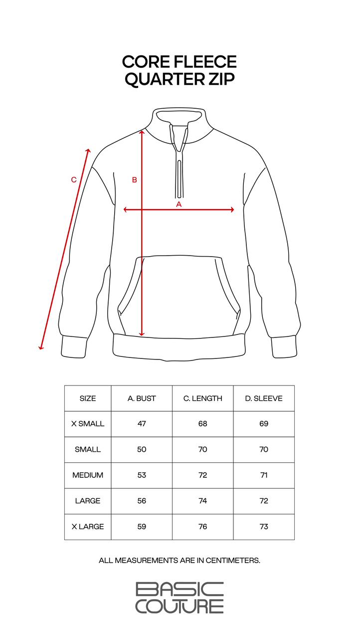 Size Chart for Core Fleece Quarter zip