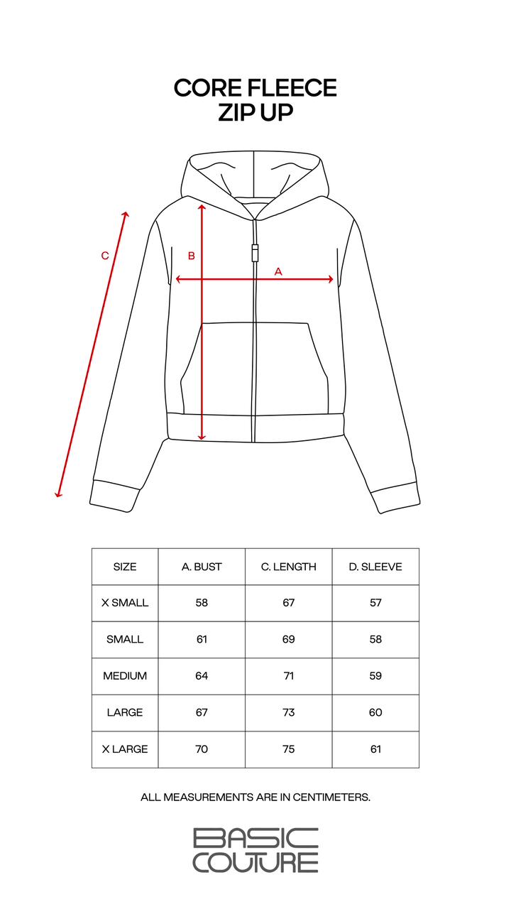 Size Chart for Core Fleece Zip up