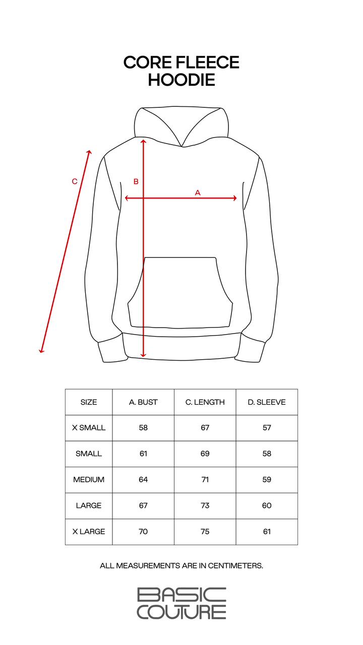Size Chart for Core Fleece Hoodie