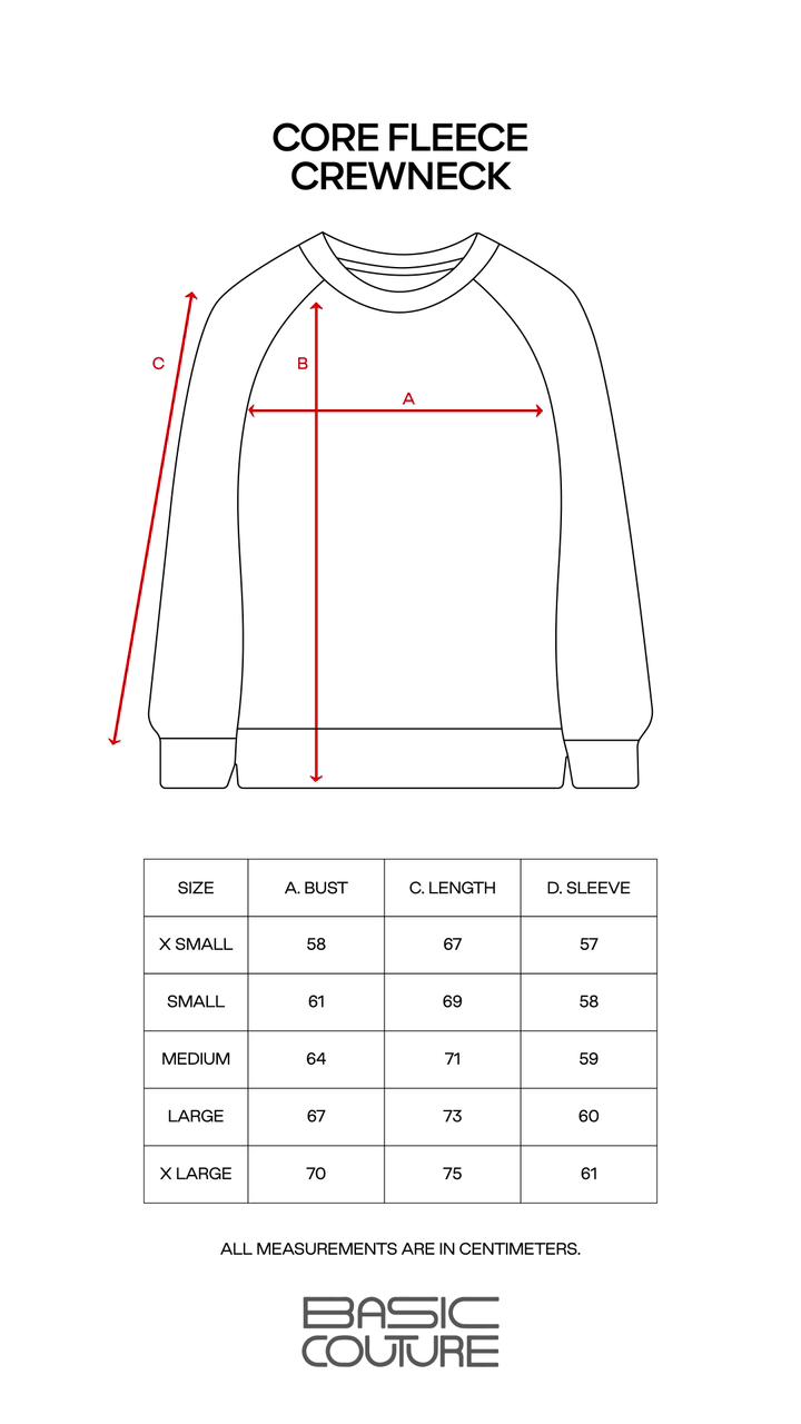 Size Chart for Core Fleece Crewneck