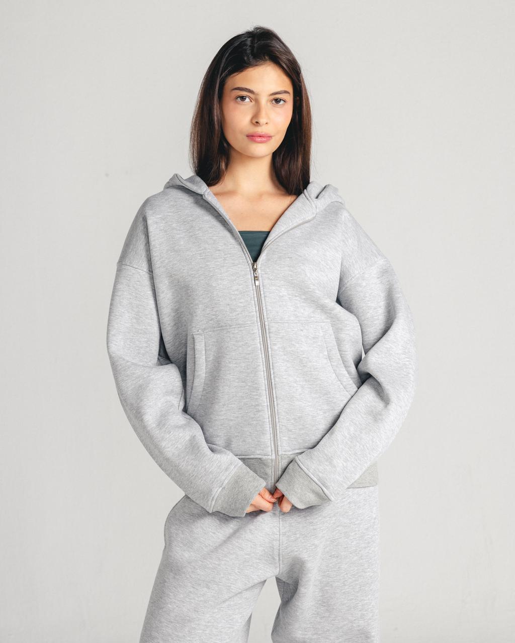 Heather Grey Core Fleece Zip up on female model