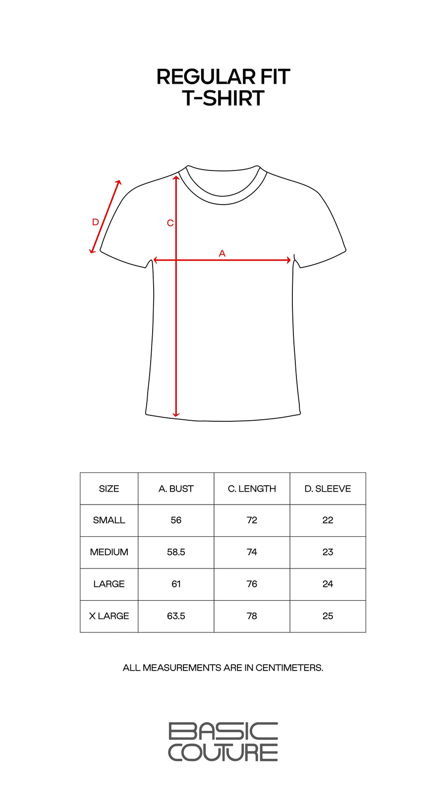 Size Chart for Regular Fit Tshirt