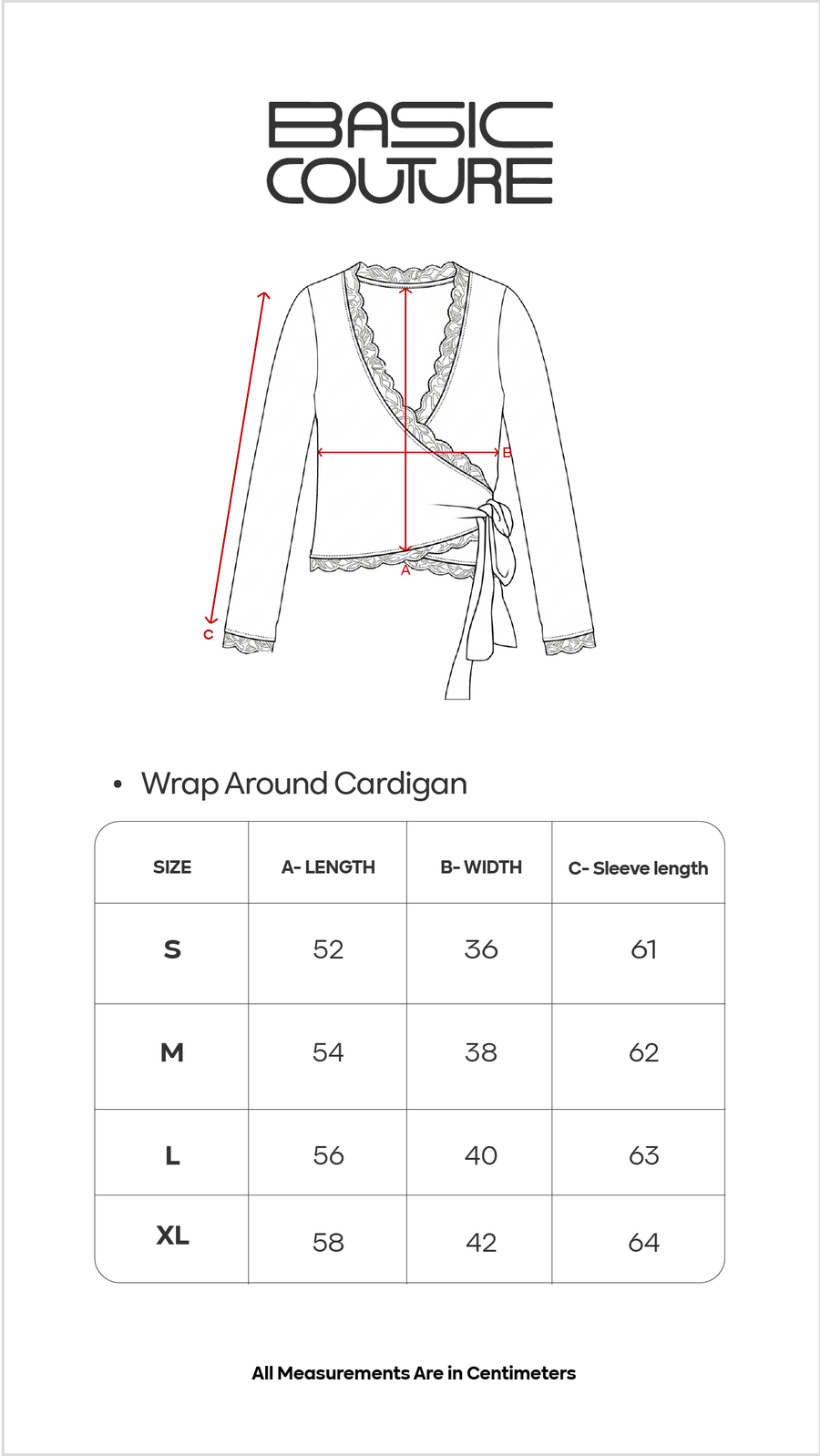 Size Chart for Wrap Around Cardigan