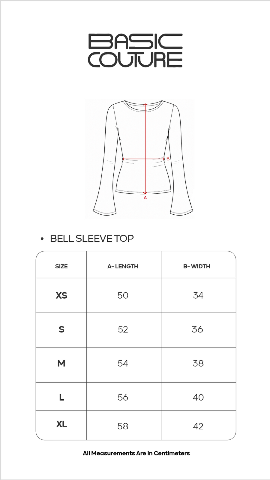 Size Chart for Bell Sleeve Top