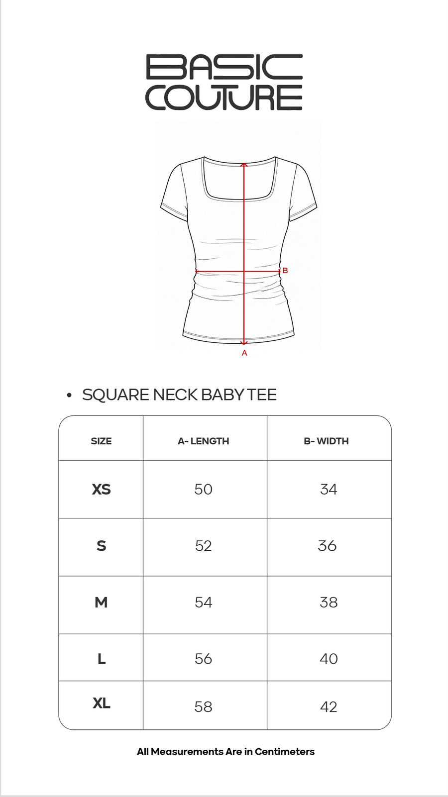 Size Chart for Square Neck Baby Tee