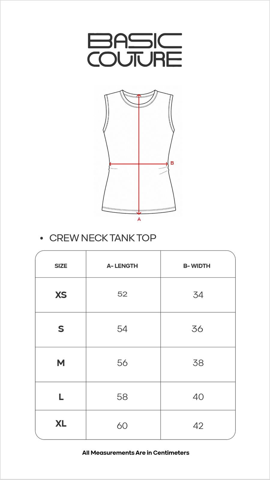 Size Chart for Crewneck Tank Top