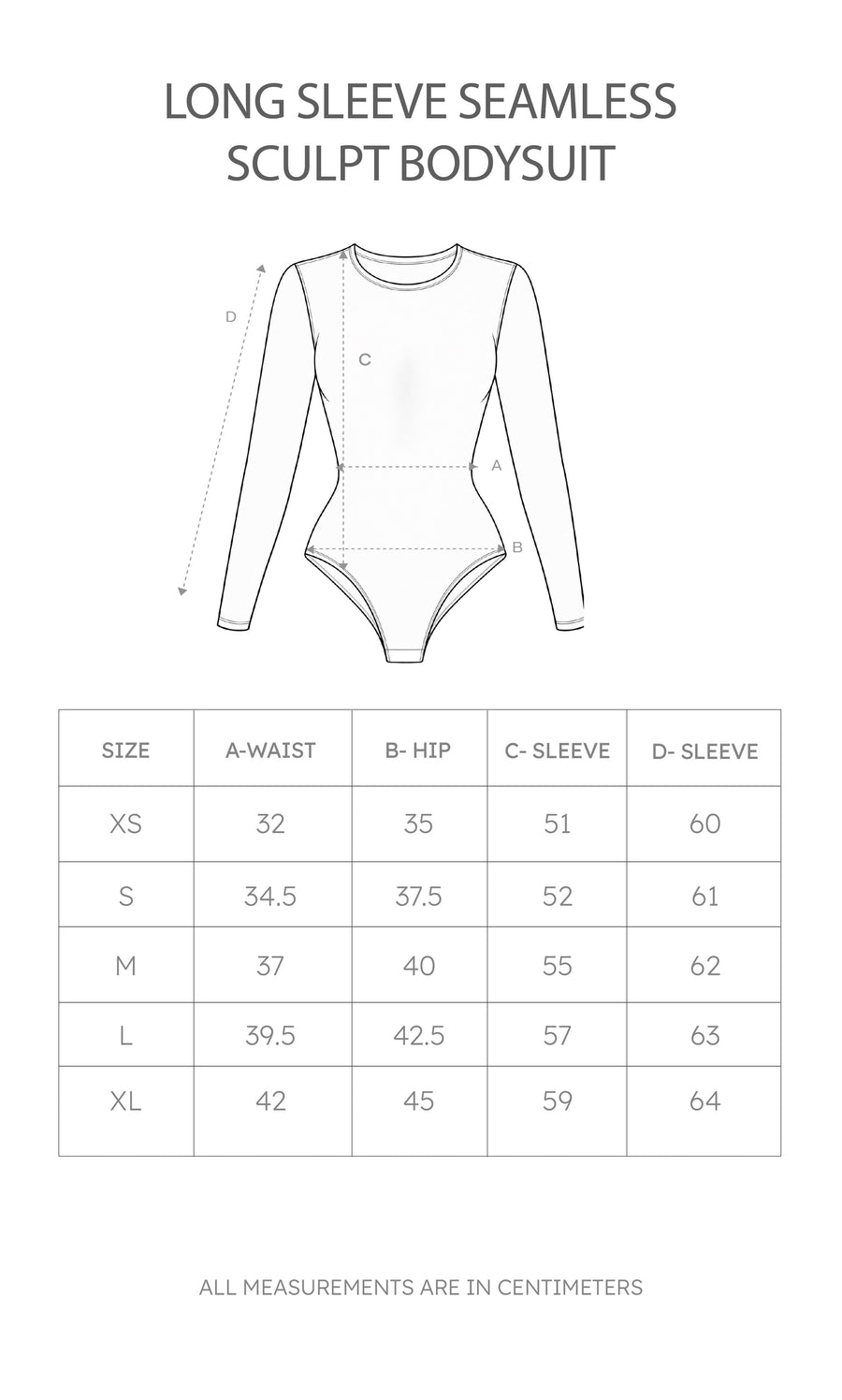 Size chart for Long Sleeve Seamless Sculpt Bodysuit