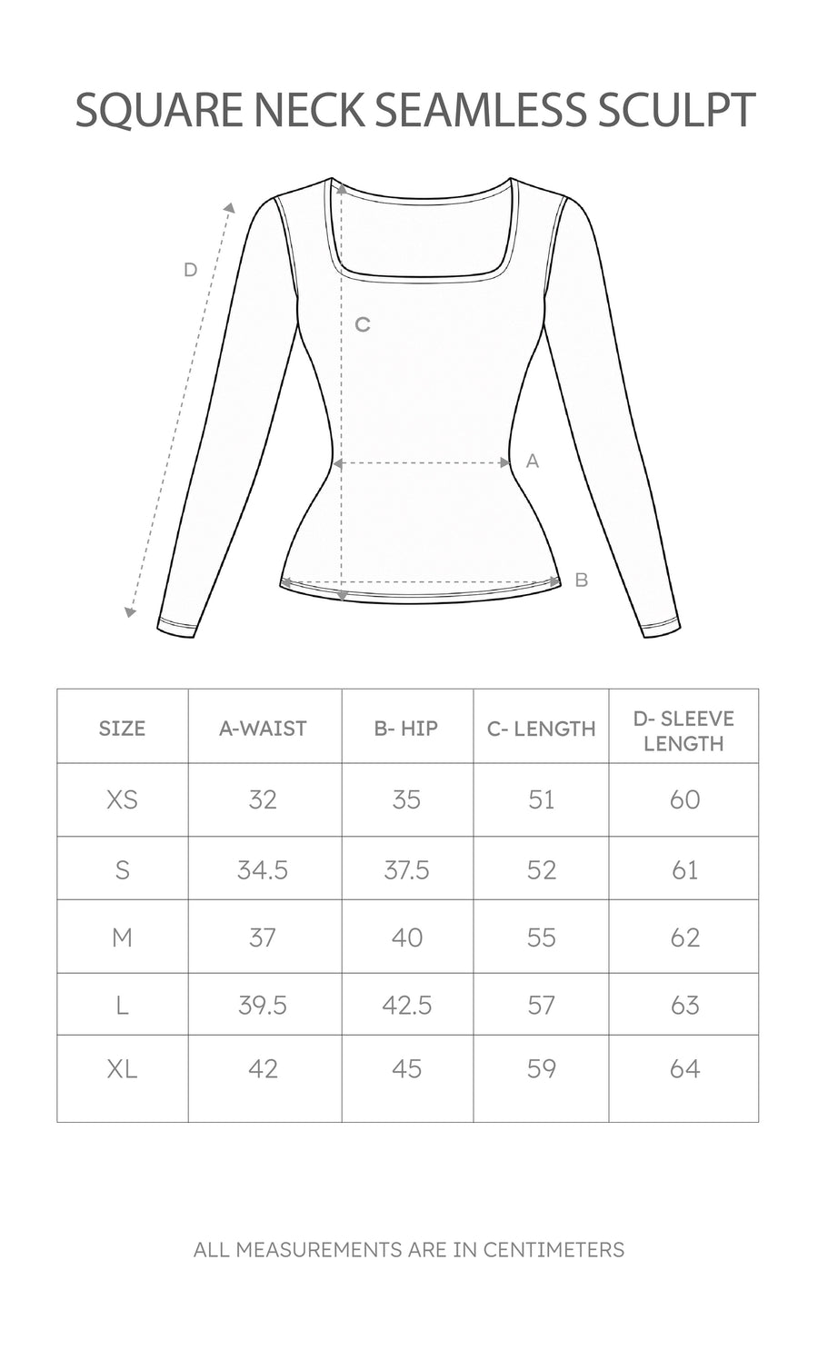 Size chart for Square Neck Seamless Sculpt