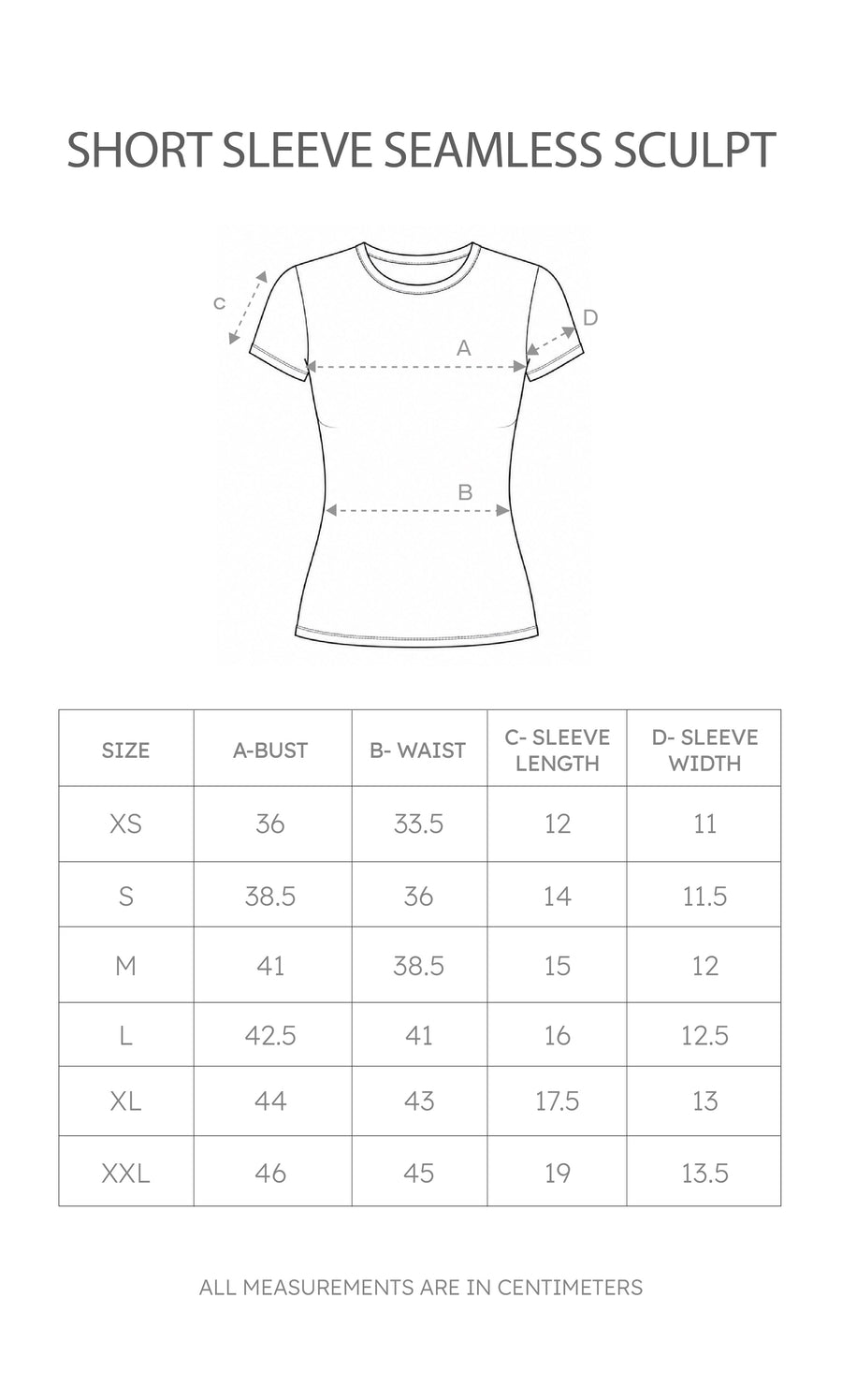 Size chart for Short Sleeve Seamless Sculpt