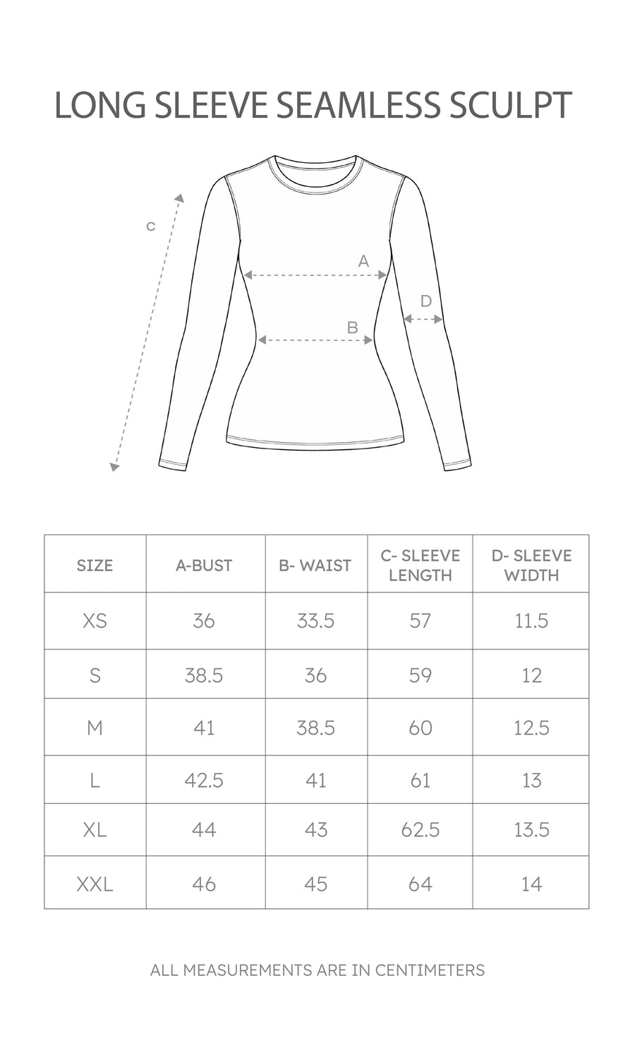 Size chart for Long Sleeve Seamless Sculpt