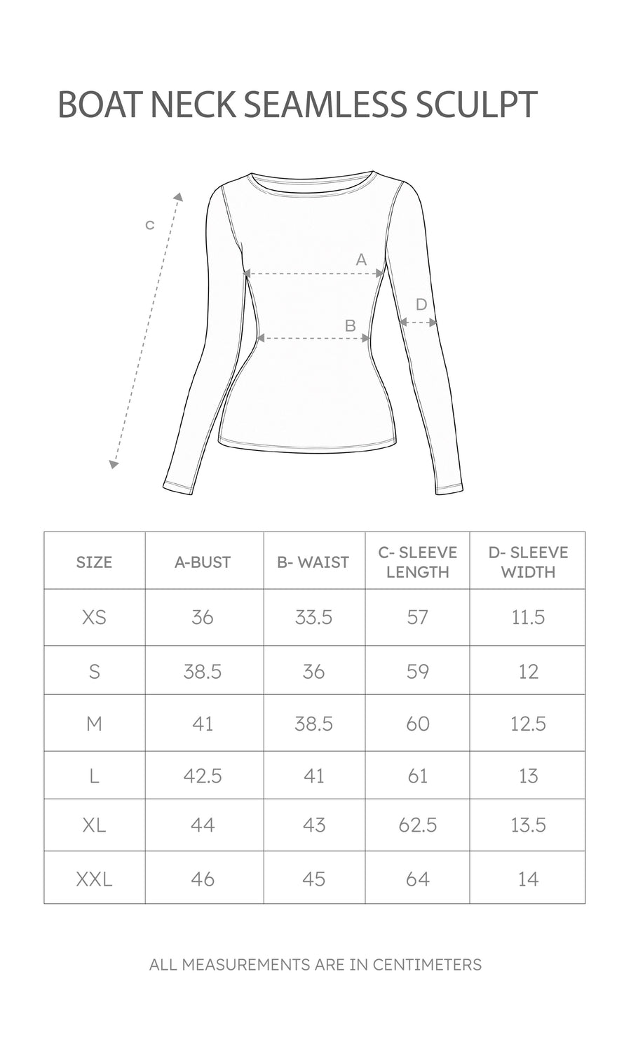 Size chart for Boat Neck Seamless Sculpt